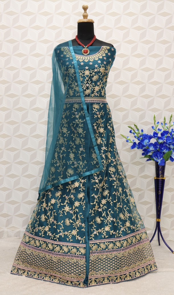 Teal Blue and Gold Embroidered Anarkali